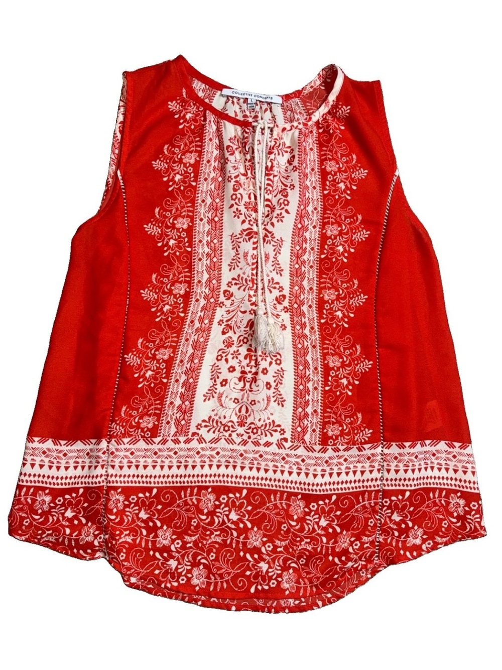Collective Concepts Women’s Large Red Ivory Boho Floral Tassel Sleeveless Tunic